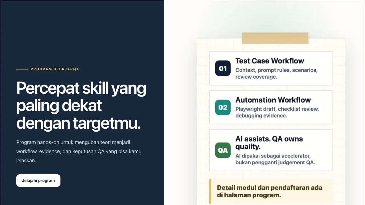 BelajarQA programs page presenting practical QA learning workflows